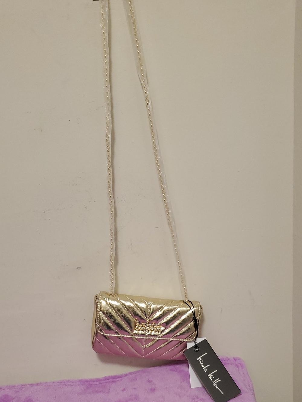 Metallic Gold and Pink Quilted Crossbody Bag - Unknown Brand